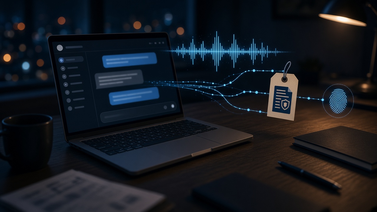 AI chatbot conversation on a laptop linked to an evidence tag and fingerprint, illustrating AI chatbot evidence