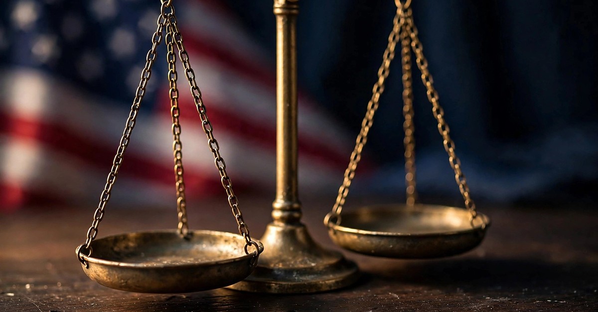 Scales of justice in front of an American flag