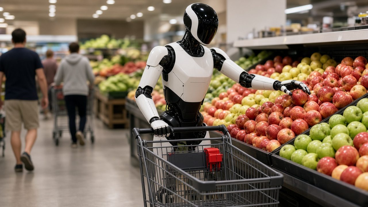 AI-generated image of a humanoid robot shopping for apples in a supermarket, illustrating robot criminal liability questions