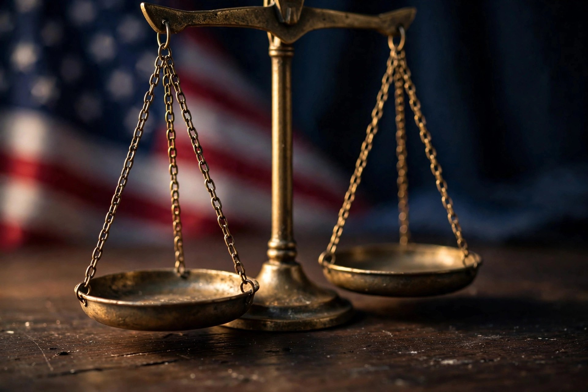 Scales of justice in front of an American flag